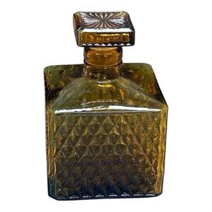 Vtg Amber Glass Decanter Bottle 5” Diamond Pattern Square Stopper 1970’s Taiwan